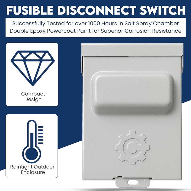 ControlGear 60 Amp Pullout FUSIBLE Disconnect Switch, Brand 240V NEMA 3R Outdoor Metallic Enclosure for HVAC Systems, UL Certified, Single Phase Two Wire (fuses NOT Included) - Image 4